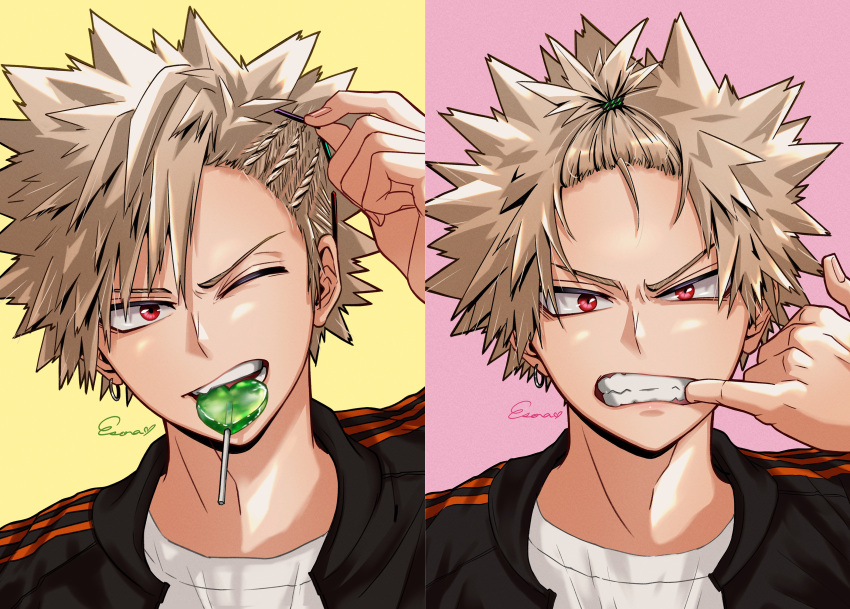 1boy absurdres bakugou_katsuki black_jacket blonde_hair boku_no_hero_academia braid candy cheek_pull esora-arts food highres jacket lollipop looking_at_viewer male_focus mouth_hold red_eyes shirt short_hair spiked_hair teeth_hold track_jacket white_shirt