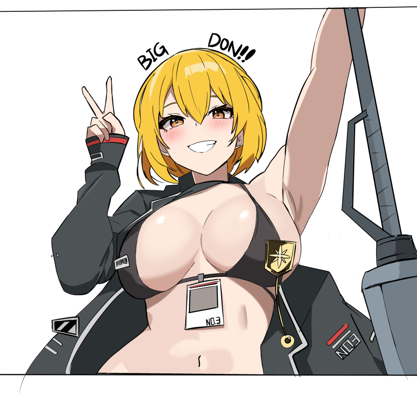 1girl absurdres arm_up armpits badge bikini black_bikini black_coat blonde_hair blush breasts coat don_quixote_(project_moon) grin hand_up highres id_card large_breasts lclca limbus_company project_moon smile solo sticker swimsuit v yellow_eyes