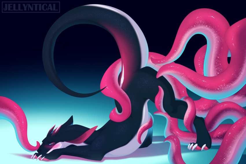 black_body black_horn black_scales claws detailed_background dragon female feral hi_res horn jellyntical multicolored_horn nova_(jellyntical) pawpads pink_horn pink_pawpads scales scalie scaly_tail simple_background solo tail tentacles white_body white_claws wingless_dragon