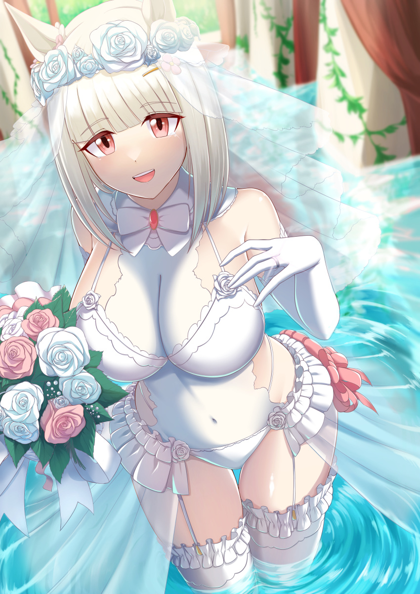 1girl absurdres alternate_breast_size alternate_costume animal_ears blunt_bangs blurry blurry_background breasts bridal_veil commentary_request covered_navel detached_sleeves dress flower grey_hair happy_meek_(umamusume) highres hime_cut horse_ears horse_girl horse_tail jewelry large_breasts looking_at_viewer open_mouth red_eyes ribbon ring same_kujira_(challenger_310) solo tail thighhighs umamusume veil water wedding_dress wedding_ring