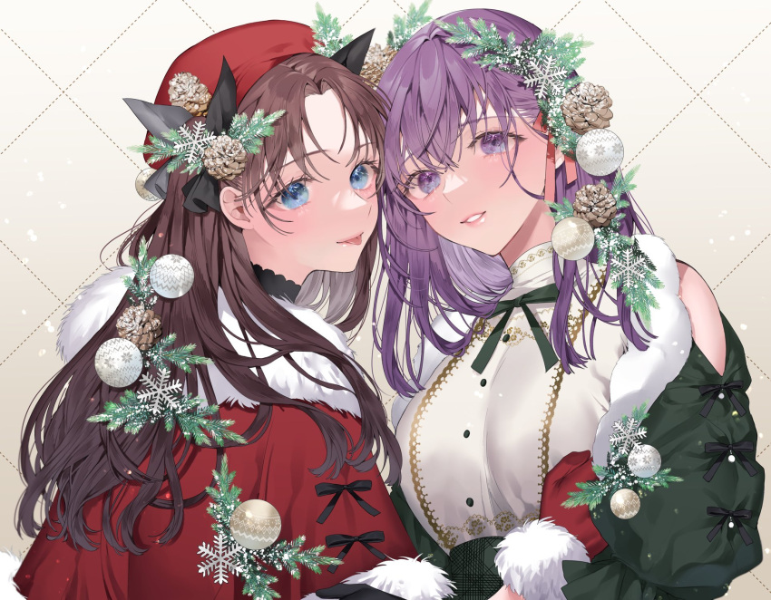 2girls black_hair blue_eyes commentary english_commentary fate/stay_night fate_(series) fur_trim gold_trim green_jacket hair_ornament hair_ribbon highres jacket leaf_hair_ornament long_hair looking_at_viewer matou_sakura multiple_girls neck_ribbon parted_lips purple_eyes purple_hair red_headwear ribbon shimatori_(sanyyyy) shirt siblings sisters smile snowflake_hair_ornament tohsaka_rin upper_body white_shirt