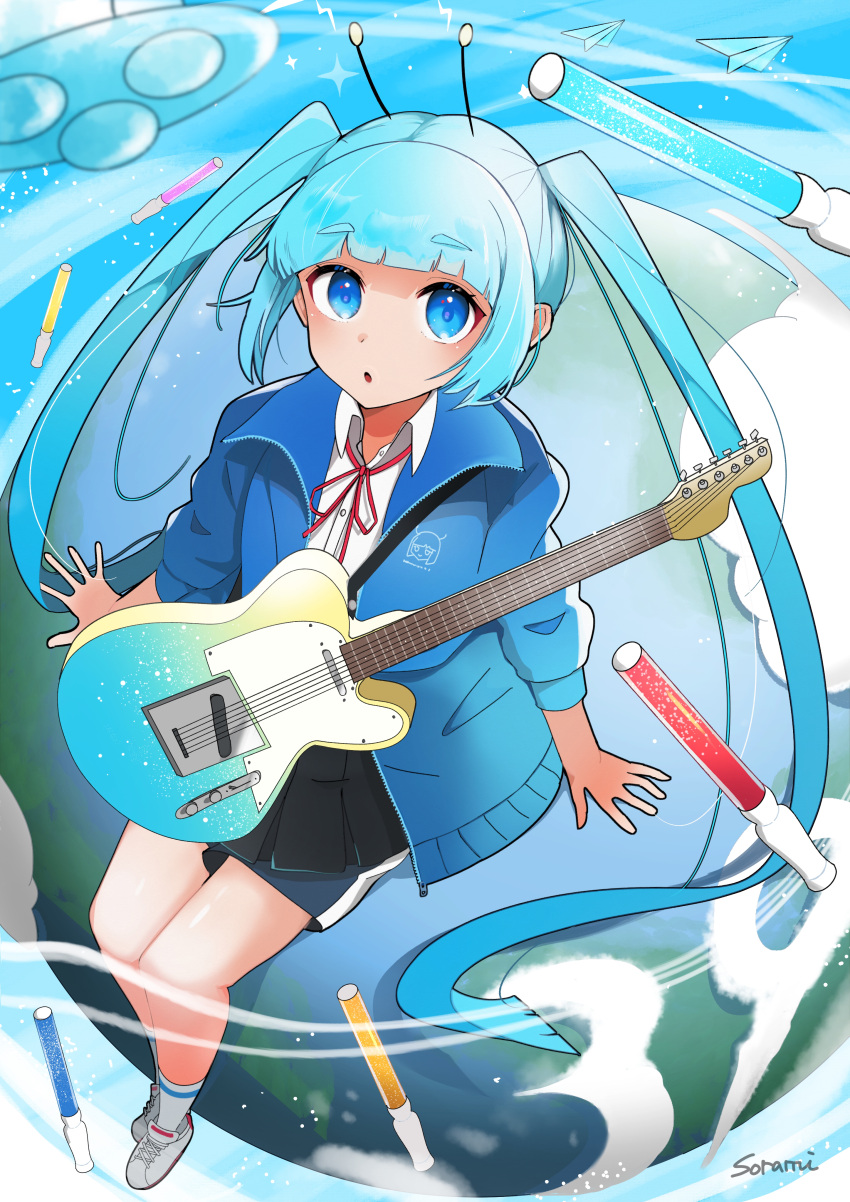 1girl 39 absurdres antennae blue_eyes blue_hair blunt_bangs blush collared_shirt commentary_request glowstick hatsune_miku highres jacket long_hair long_sleeves looking_at_viewer neck_ribbon open_mouth paper_airplane ribbon shirt shorts sitting socks sorami twintails very_long_hair vocaloid