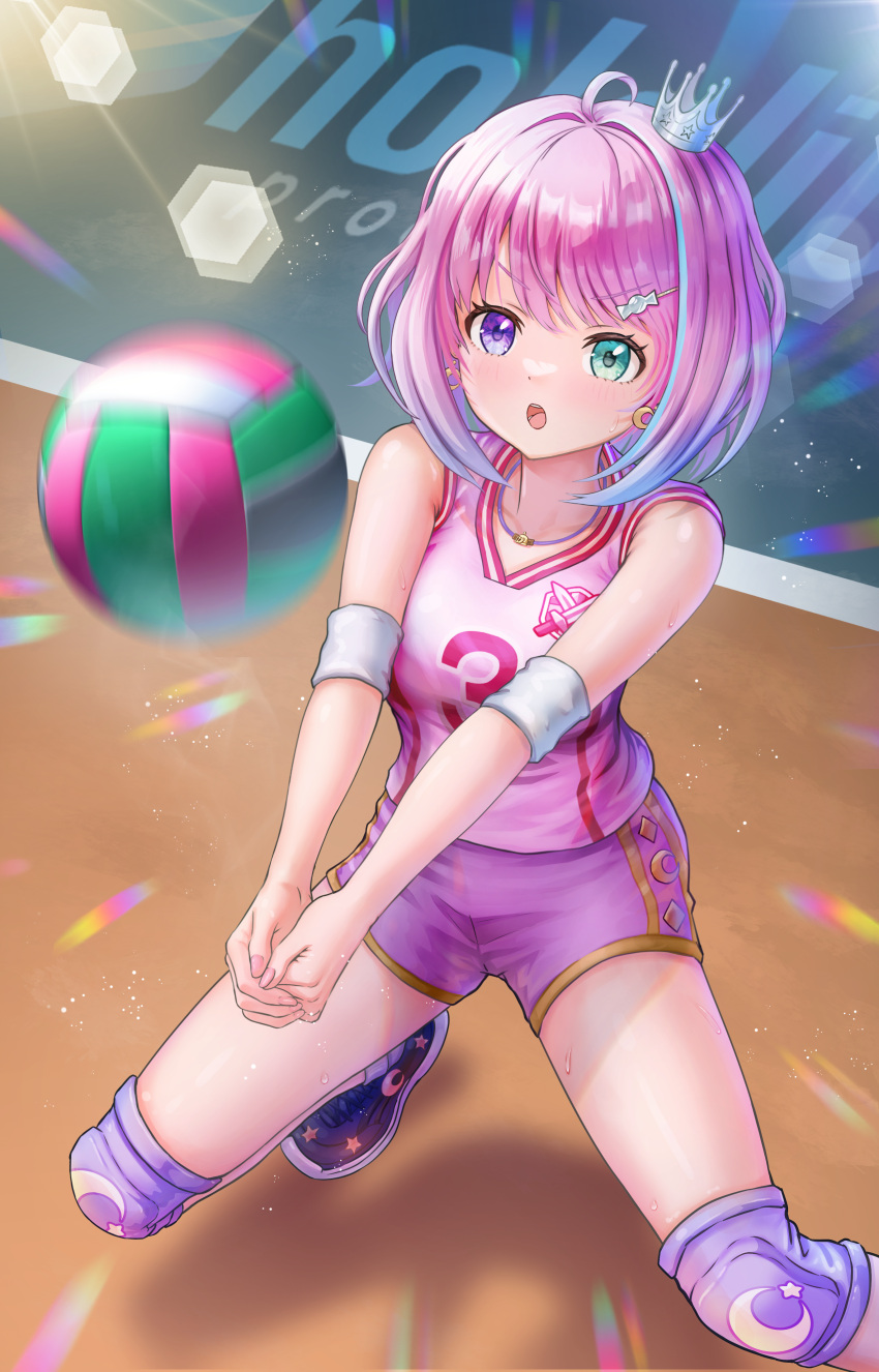 1girl :o absurdres ahoge ball blue_hair commission crown elbow_pads gradient_hair green_eyes hair_intakes heterochromia highres himemori_luna hololive knee_pads long_hair mini_crown multicolored_hair open_mouth pink_hair pink_shirt pink_shorts purple_eyes shirt short_shorts shorts skeb_commission sleeveless sleeveless_shirt solo sportswear virtual_youtuber volleyball volleyball_(object) volleyball_uniform wajuniorbox