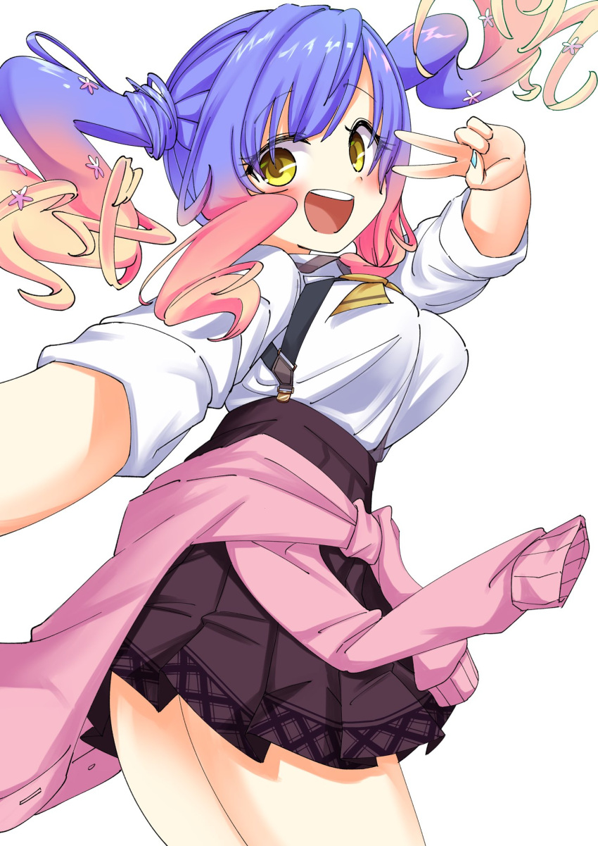 1girl :d blue_hair blue_nails blush breasts brown_skirt clothes_around_waist commentary cowboy_shot eyelashes eyes_visible_through_hair floating_hair from_side gradient_hair gyaru hair_between_eyes hand_up happy highres kogal kohibari_kurumi large_breasts long_hair long_sleeves looking_at_viewer multicolored_hair nail_polish nzuwaiganin open_mouth orange_hair pink_hair pink_sweater pleated_skirt school_uniform selfie shirt sidelocks simple_background skirt sleeves_rolled_up smile solo suspender_skirt suspenders sweater teeth tenshi_souzou_re-boot! twintails upper_teeth_only v v_over_eye wavy_hair white_background white_shirt yellow_eyes