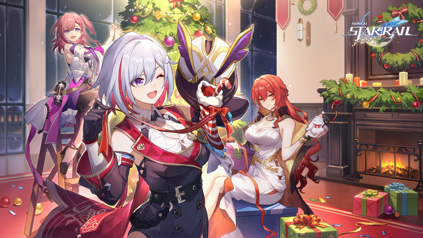 3girls :d ;d asta_(honkai:_star_rail) bare_shoulders black_gloves black_skirt blue_eyes box breasts candy candy_cane christmas christmas_ornaments christmas_present christmas_stocking christmas_tree christmas_wreath cleavage colored_inner_hair detached_sleeves dress earrings english_commentary english_text fire fireplace food gift gift_box gloves grey_hair hair_between_eyes highres himeko_(honkai:_star_rail) honkai:_star_rail honkai_(series) indoors jacket jewelry large_breasts long_hair looking_at_viewer multicolored_hair multiple_girls numby_(honkai:_star_rail) official_art one_eye_closed one_side_up open_mouth pink_hair red_hair shirt short_hair sitting skirt sleeveless sleeveless_dress smile streaked_hair topaz_(honkai:_star_rail) very_long_hair white_dress white_shirt window wreath yellow_eyes