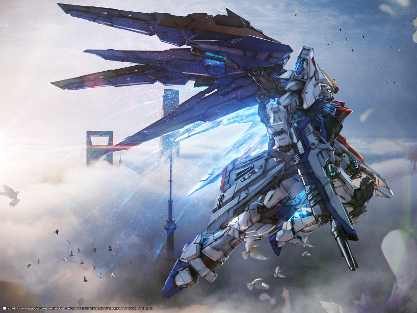 absurdres beam_rifle bird blue_sky building cloud dove energy_gun exhaust flying freedom_gundam from_side full_body gun gundam gundam_seed highres holding holding_gun holding_weapon lens_flare lolicon_(lolicon42051636) mecha mechanical_wings mobile_suit no_humans photoshop_(medium) profile robot science_fiction sky solo sunlight v-fin weapon wings yellow_eyes