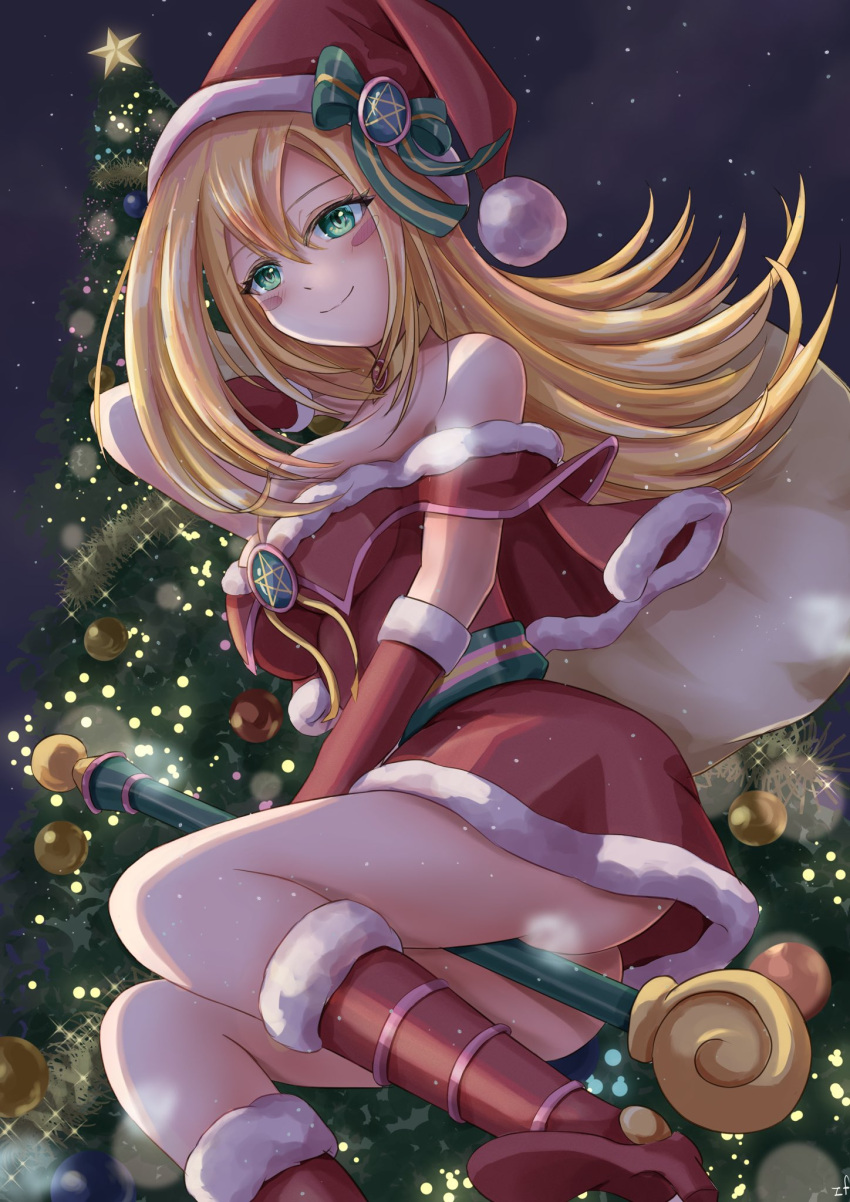 bare_shoulders blonde_hair blush boots christmas christmas_tree closed_mouth dark_magician_girl dress fur-trimmed_boots fur-trimmed_dress fur-trimmed_gloves fur-trimmed_headwear fur_trim gloves green_eyes hat highres holding holding_sack knees_up light_particles long_hair misakura_aoi night night_sky pentagram red_footwear red_gloves ribbon sack santa_costume santa_dress santa_hat sky star_(sky) starry_sky wand yu-gi-oh! yu-gi-oh!_duel_monsters