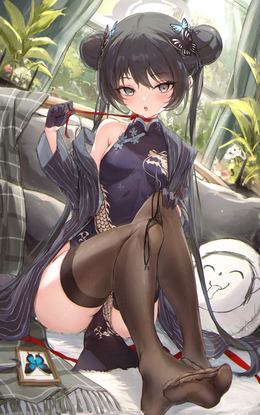 1girl black_dress black_gloves black_hair black_thighhighs blue_archive breasts butterfly_hair_ornament china_dress chinese_clothes coat doodle_sensei_(blue_archive) double_bun dragon_print dress gloves grey_coat grey_eyes grey_halo hair_bun hair_ornament halo highres indoors kisaki_(blue_archive) long_hair looking_at_viewer open_clothes open_coat open_mouth plant potted_plant sensei_(blue_archive) small_breasts solo striped striped_coat thighhighs twintails vertical-striped_coat vertical_stripes yoyopipa