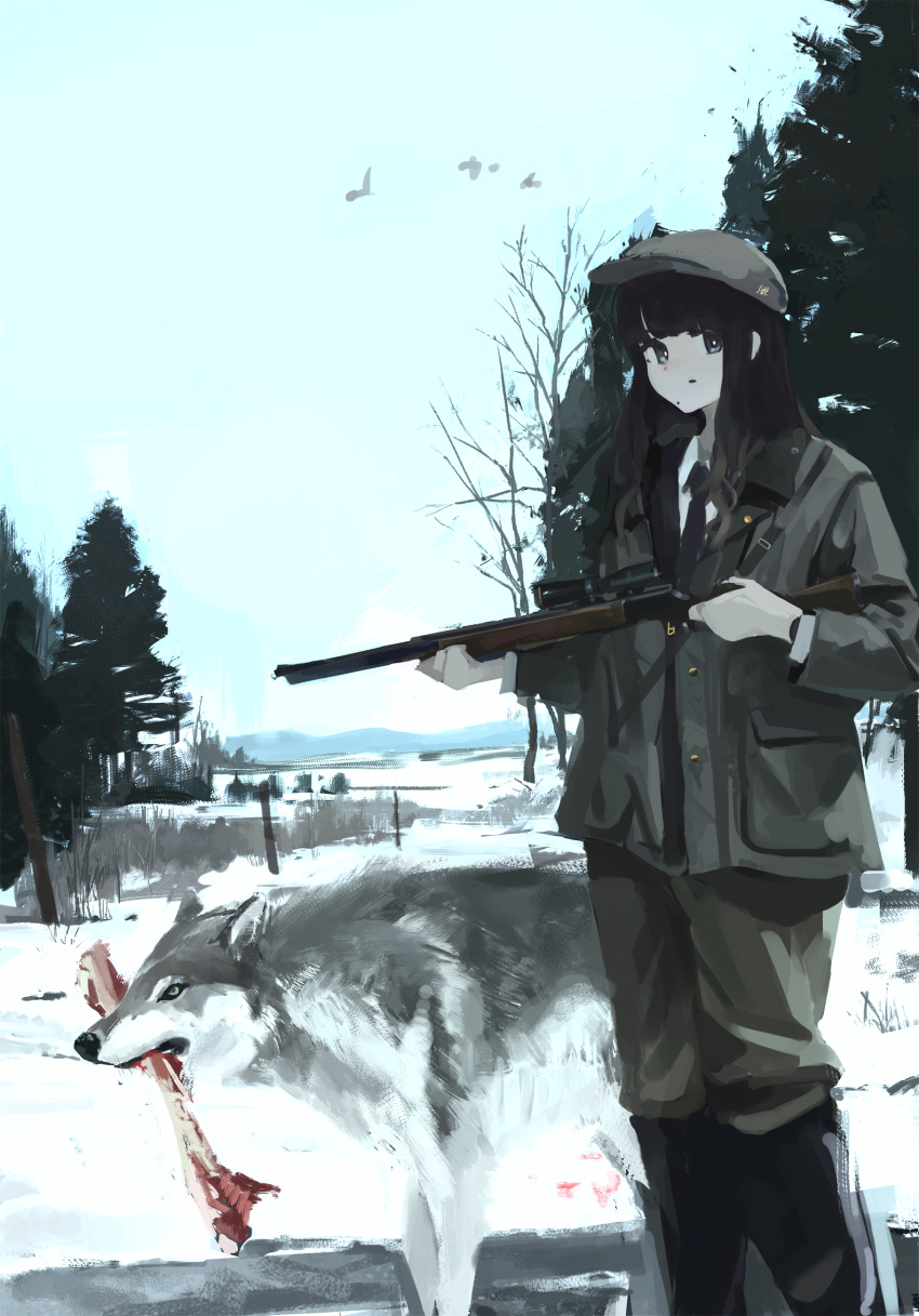 1girl absurdres black_eyes black_hair black_necktie bone boots brown_footwear brown_jacket collared_shirt gun highres holding holding_gun holding_weapon jacket long_hair long_sleeves necktie original orval outdoors shirt sidelocks simple_bird sky snow solo tree weapon white_shirt winter wolf