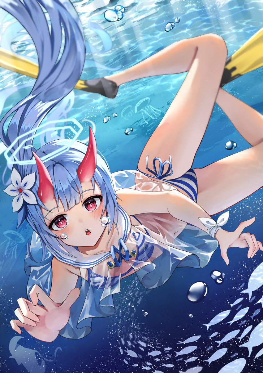 1girl absurdres alternate_costume bikini blue_archive blue_hair breasts chise_(blue_archive) chise_(swimsuit)_(blue_archive) flower hair_between_eyes hair_flower hair_ornament halo highres horns long_hair oni_horns shiriaru_(jjonaeng) solo swimsuit underwater