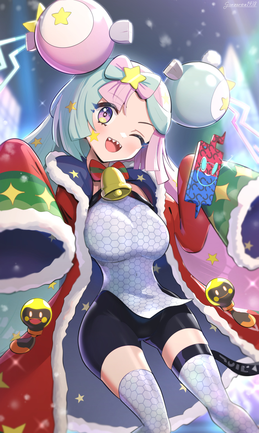 1girl absurdres alternate_costume aqua_hair ass_visible_through_thighs bell bike_shorts bow-shaped_hair breasts character_hair_ornament christmas coat fur-trimmed_coat fur_trim gonzarez grey_thighhighs hair_ornament highres iono_(pokemon) large_breasts long_hair low-tied_long_hair multicolored_hair neck_bell oversized_clothes pink_hair pokemon pokemon_sv red_coat santa_costume sharp_teeth sleeves_past_fingers sleeves_past_wrists split-color_hair star_(symbol) star_hair_ornament teeth thighhighs two-tone_hair very_long_sleeves wide_hips