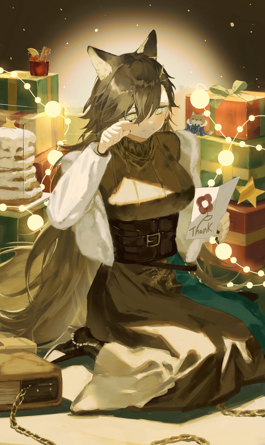 1girl 3pel1 absurdres alcohol animal_ear_fluff animal_ear_piercing animal_ears arknights asymmetrical_bangs asymmetrical_hair backlighting belt belt_buckle black_nails book boots box breasts brown_belt brown_corset brown_footwear brown_hair brown_skirt brown_sweater buckle cake card chain christmas christmas_lights christmas_present cinnamon_stick closed_mouth commentary_request corset cup dessert display_case drink drinking_glass earrings eyelashes finger_to_eye fingernails food from_side fruit full_body fur-trimmed_jacket fur_trim gift gift_box gift_wrapping glass gluhwein green_ribbon hair_between_eyes hair_ornament hairclip high_collar high_heel_boots high_heels highres holding holding_card jacket jewelry large_breasts layered_sleeves lemon lemon_slice light_blush long_bangs long_hair long_skirt long_sleeves looking_at_object looking_down mole mole_above_eye mulled_wine multicolored_clothes multicolored_skirt nail_polish official_alternate_costume on_ground open_clothes open_jacket penance_(arknights) penance_(occasionally_flushed)_(arknights) piercing red_wine ribbed_sweater ribbon seiza shade shadow sitting skirt snow snowing solo straight_hair string_of_light_bulbs sweater tearing_up tears turtleneck turtleneck_sweater two-tone_skirt very_long_hair white_jacket wine wolf_ears wolf_girl yellow_eyes
