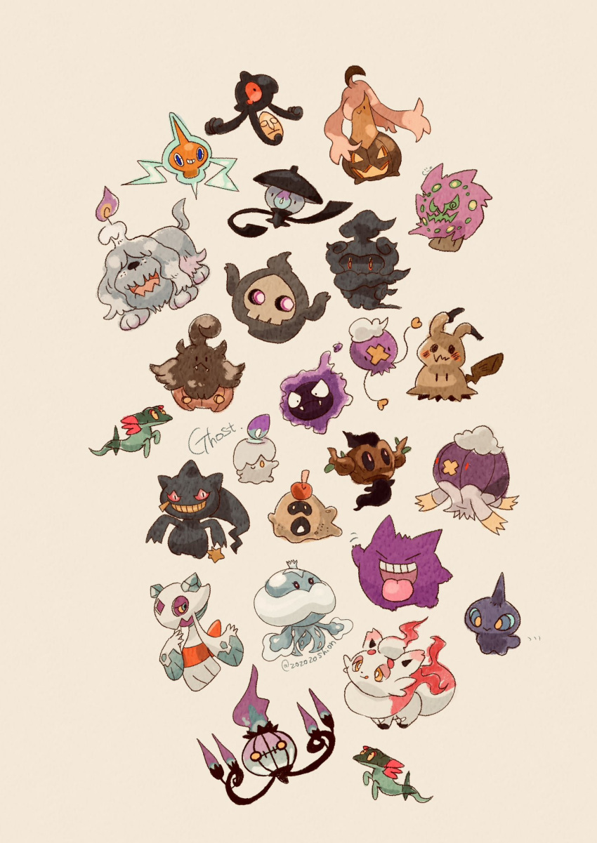 animal_focus artist_name banette chandelure closed_mouth commentary dog dreepy drifblim drifloon duskull fangs fire froslass gastly gengar gourgeist greavard grin highres hisuian_zorua jellicent jellicent_(male) lampent litwick marshadow mimikyu no_humans phantump pokemon pokemon_(creature) pumpkaboo purple_fire red_eyes rotom sandygast shuppet simple_background skin_fangs smile solid_oval_eyes spiritomb tail teeth tongue tongue_out trait_connection twitter_username white_background yamask yellow_eyes zozozoshion