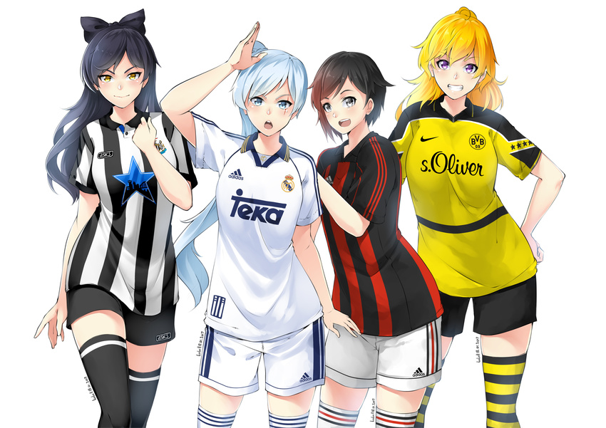 absurdres ac_milan adidas ahoge artist_name asics asymmetrical_hair black_hair blake_belladonna blonde_hair blue_eyes blush borussia_dortmund bow bundesliga classic closed_mouth collared_shirt company_name dated england germany hair_bow highres italy la_liga long_hair looking_at_viewer lulu-chan92 multiple_girls newcastle_united_fc nike open_mouth ponytail premier_league purple_eyes real_madrid ruby_rose rwby scar scar_across_eye serie_a shirt short_hair signature silver_eyes simple_background smile soccer soccer_uniform socks spain sport sportswear star striped striped_shirt thighhighs weiss_schnee white_background white_hair yang_xiao_long yellow_eyes