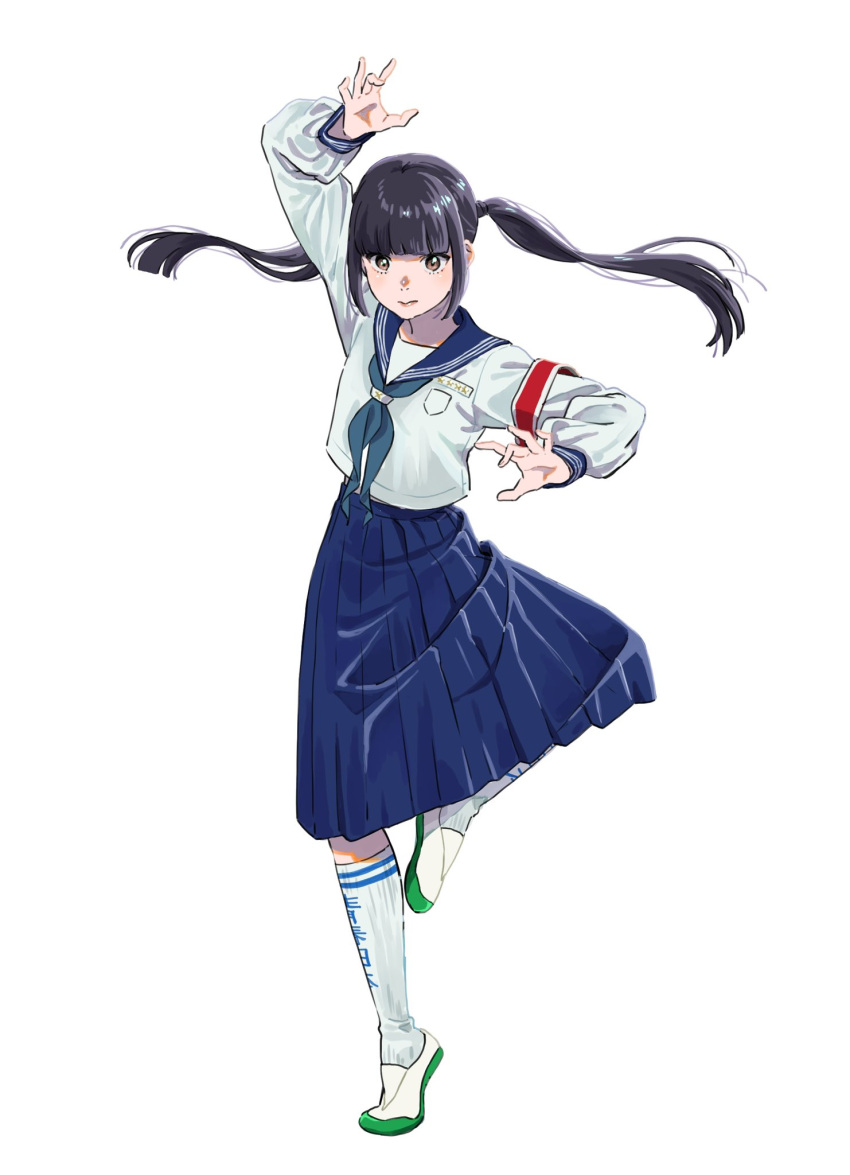 1girl arm_up armband atarashii_gakko! black_hair blue_ribbon blue_skirt blunt_bangs brown_eyes full_body green_footwear highres leg_up long_skirt long_sleeves mizyu_(atarashii_gakko) neck_ribbon red_armband ribbon sagawa_haruka sailor_collar school_uniform shirt shoes simple_background skirt socks twintails white_background white_footwear white_shirt white_socks