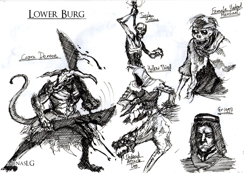 1boy 1girl artist_name blood capra_demon dark_souls_(series) dark_souls_i demon dog dual_wielding greyscale griggs_of_vinheim highres holding holding_knife holding_sword holding_torch holding_weapon hood hood_up knife menaslg monochrome multiple_others sketch sword torch undead_merchant_(female) weapon