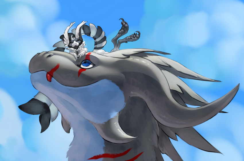 ambiguous_gender avali blue_eyes blue_sky cheek_horn cloud dragon dsw7 duo feathers feral fur furred_dragon grey_body grey_fur grey_horn grey_mane hi_res horn hybrid mane red_tongue size_difference sky tongue white_body white_fur white_sclera