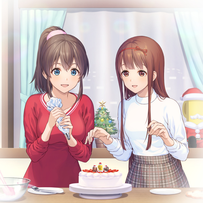 2girls blue_eyes blunt_bangs bow_hairband breasts brown_eyes brown_hair brown_skirt cake character_doll christmas christmas_cake christmas_tree commentary_request cowboy_shot curtains food hair_ornament hair_ribbon hair_scrunchie hairband hands_up high-waist_skirt high_ponytail highres holding holding_pastry_bag idolmaster idolmaster_million_live! indoors long_hair long_sleeves looking_at_food medium_breasts medium_hair mixing_bowl multiple_girls nanaran night p-head_producer parted_lips pastry_bag pink_scrunchie plaid plaid_skirt plate ponytail producer_(idolmaster) red_hairband red_ribbon red_shirt ribbon satake_minako scrunchie shirt shirt_tucked_in sidelocks skirt smile spatula standing table tanaka_kotoha white_shirt window