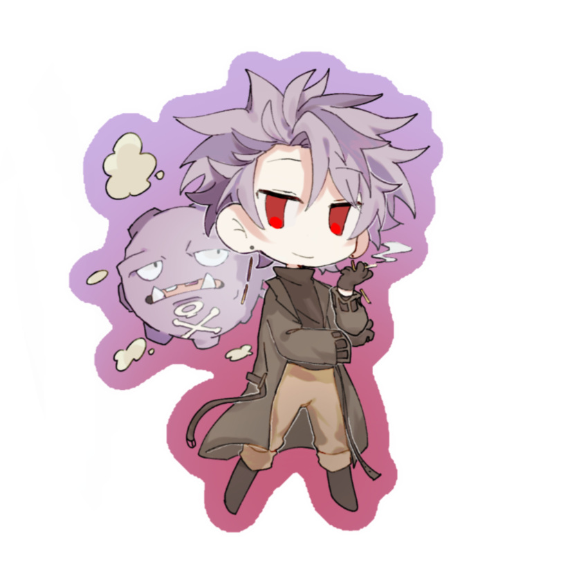 1boy absurdres belt black_belt black_coat black_gloves black_sweater brown_pants chibi cigarette closed_mouth coat commentary_request crossover earrings gloves highres holding holding_cigarette jewelry male_focus open_belt open_clothes open_coat pants pokemon pokemon_(creature) purple_hair red_eyes saibou_shinkyoku short_hair shuijiaohao simple_background smile smoke sweater theodore_riddle turtleneck turtleneck_sweater weezing white_background