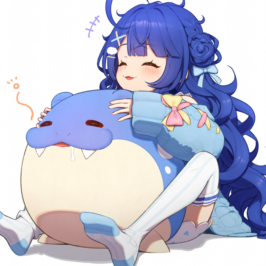 1girl absurdres ahoge amamiya_kokoro blue_cardigan blue_hair cardigan closed_eyes cloud_hair_ornament hair_ornament highres long_hair lunch_boxer nijisanji no_shoes open_mouth pokemon simple_background solo spheal thighhighs very_long_hair virtual_youtuber white_background white_thighhighs x_hair_ornament