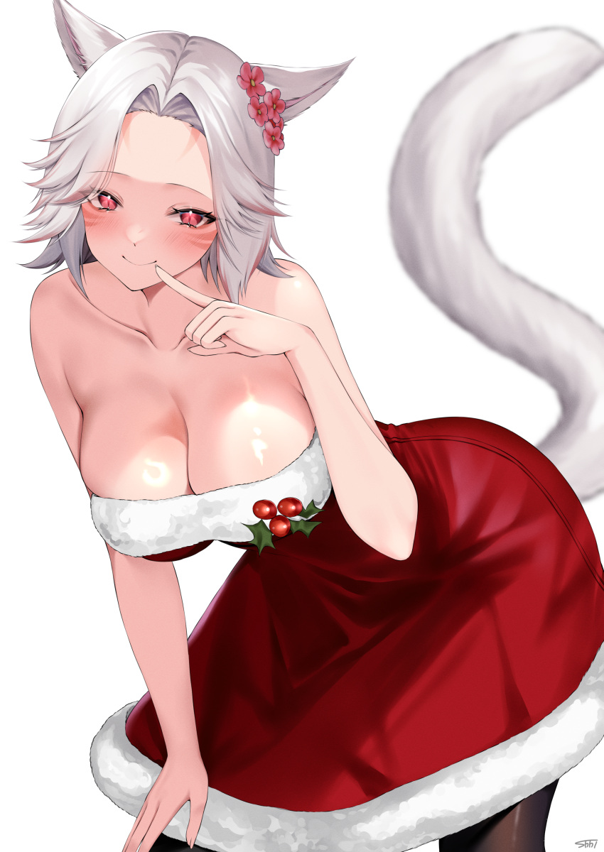 1girl absurdres animal_ears bare_shoulders black_pantyhose blush breasts cat_ears cat_girl cat_tail christmas cleavage closed_mouth collarbone commentary dress facial_mark final_fantasy final_fantasy_xiv finger_to_mouth flower fur-trimmed_dress fur_trim hair_flower hair_ornament highres large_breasts leaning_forward looking_at_viewer miqo'te pantyhose parted_bangs red_dress red_eyes shhilee short_hair simple_background smile solo strapless strapless_dress tail warrior_of_light_(ff14) whisker_markings white_background white_hair