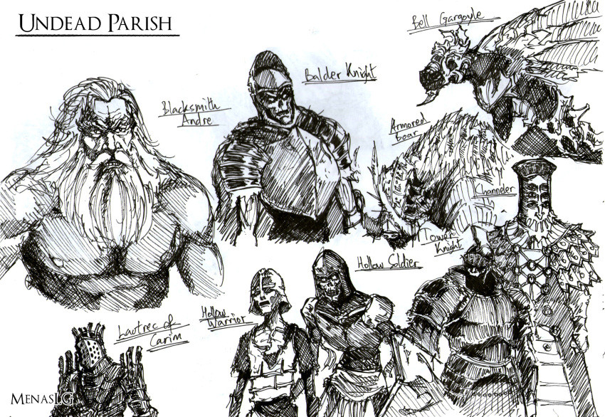 2boys armor balder_knight beard boar dark_souls_(series) dark_souls_i extra_eyes facial_hair full_armor full_beard gargoyle greyscale helmet highres knight knight_lautrec_of_carim medium_hair menaslg monochrome multiple_boys multiple_others sketch