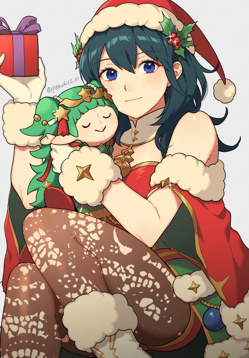 1girl bare_shoulders blue_eyes blue_hair byleth_(female)_(fire_emblem) byleth_(female)_(frosty_professor)_(fire_emblem) byleth_(fire_emblem) character_doll commentary_request feet_out_of_frame fire_emblem fire_emblem:_three_houses fire_emblem_heroes fur-trimmed_gloves fur_trim gloves grey_background hand_up hat highres long_hair looking_at_viewer off-shoulder_shirt off_shoulder pantyhose peach11_01 red_headwear santa_hat shirt short_sleeves simple_background sitting smile solo sothis_(fire_emblem) thighs white_gloves