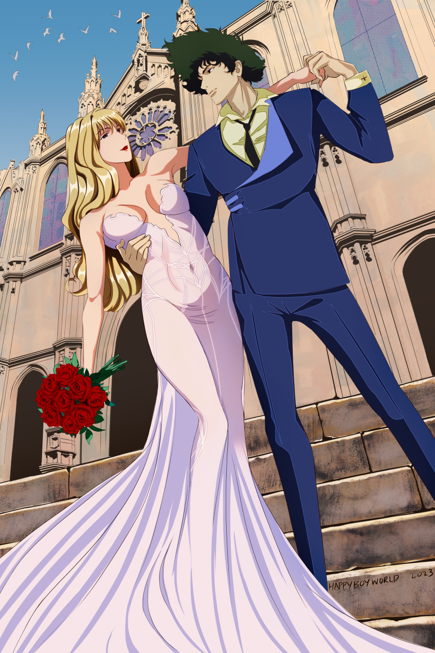 absurdres blonde_hair blue_eyes brown_eyes couple cowboy_bebop dress flower green_hair highres julia julia_(cowboy_bebop) lucyguusi necktie red_flower red_rose rose suit wedding wedding_dress