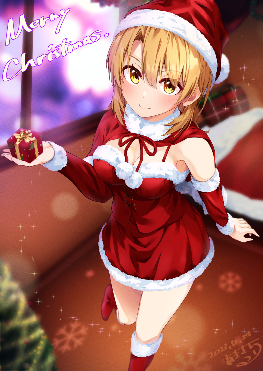 1girl absurdres atelier_z44 boots box breasts brown_eyes brown_hair christmas cleavage closed_mouth commentary_request dated detached_sleeves dress gift gift_box hat highres holding holding_box indoors isshiki_iroha medium_breasts medium_hair merry_christmas red_dress red_footwear red_sleeves santa_boots santa_dress santa_hat signature smile solo standing standing_on_one_leg window yahari_ore_no_seishun_lovecome_wa_machigatteiru.