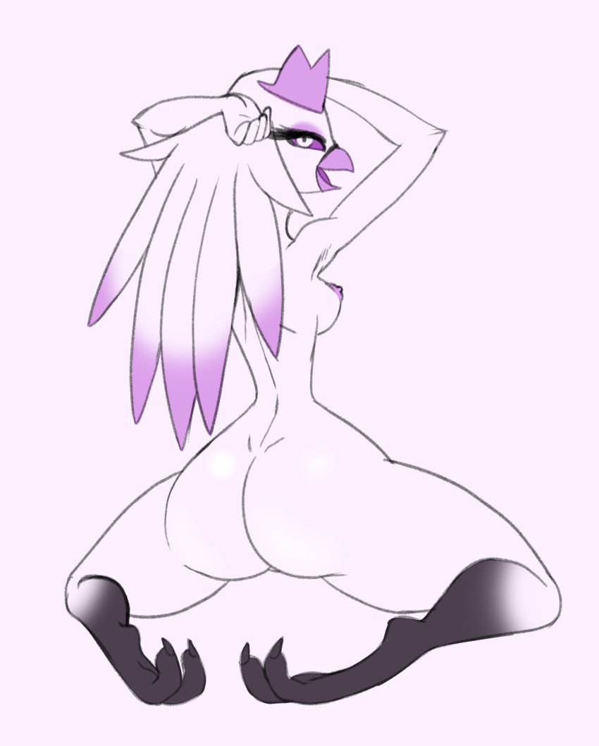 anthro avian big_butt bird breasts butt crown erect_nipples feet female fours_(artist) hands_behind_head headgear helluva_boss hi_res looking_at_viewer looking_back nipples owl owl_demon side_boob solo stella_(helluva_boss) talons toes