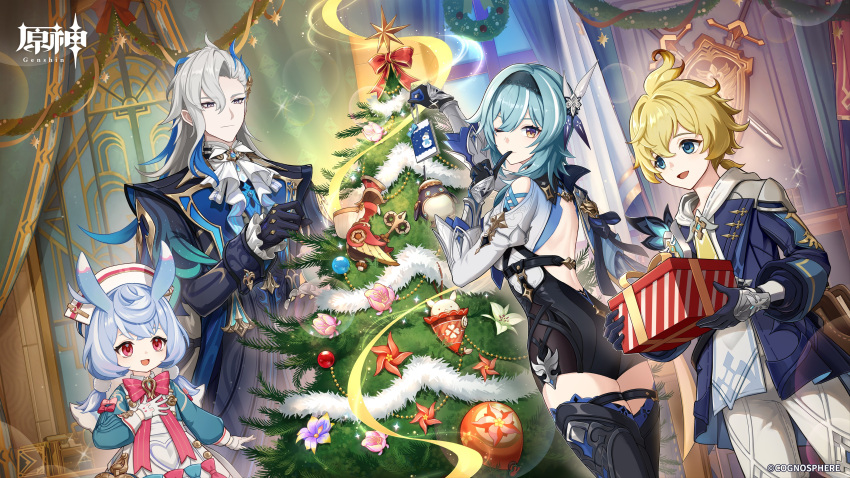 2boys 2girls :d absurdres antenna_hair ascot ass backless_outfit bare_back black_gloves black_hairband black_shorts black_thighhighs blonde_hair blue_coat blue_dress blue_eyes blue_hair blue_jacket christmas_tree coat commentary_request copyright_name cowboy_shot dress eula_(genshin_impact) genshin_impact gloves grey_hair hair_ornament hairband hand_up high-waist_shorts highres indoors jacket juliet_sleeves long_hair long_sleeves mika_(genshin_impact) multiple_boys multiple_girls neuvillette_(genshin_impact) official_art one_eye_closed pink_eyes puffy_sleeves shirt shorts sigewinne_(genshin_impact) smile standing thighhighs thighs white_ascot white_shirt yellow_eyes