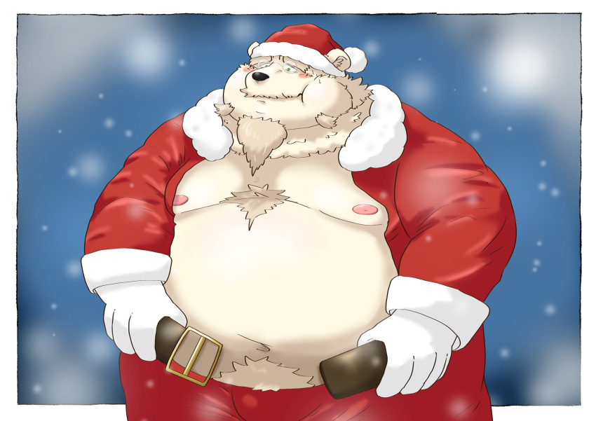 2023 anthro bear beard belly big_belly black_nose blush bottomwear bulge christmas christmas_clothing christmas_headwear clothing costume facial_hair hat headgear headwear hi_res holidays kemono male mammal moobs navel nipples obese obese_male overweight overweight_male pants polar_bear santa_claus santa_costume santa_hat snow snowing solo ursine yanununununu