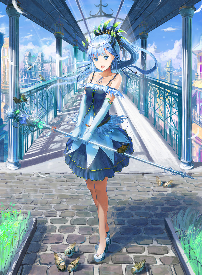 :d absurdres bangs bare_shoulders bird blue_dress blue_gloves blue_hair blunt_bangs blush breasts collarbone day dress elbow_gloves fantasy feathers floating_hair full_body gloves hair_feathers hair_ornament highres holding holding_staff jewelry kyaro_(kyaro54) long_hair looking_at_viewer open_mouth original outdoors pendant scenery shadow small_breasts smile solo staff standing sunlight v_arms