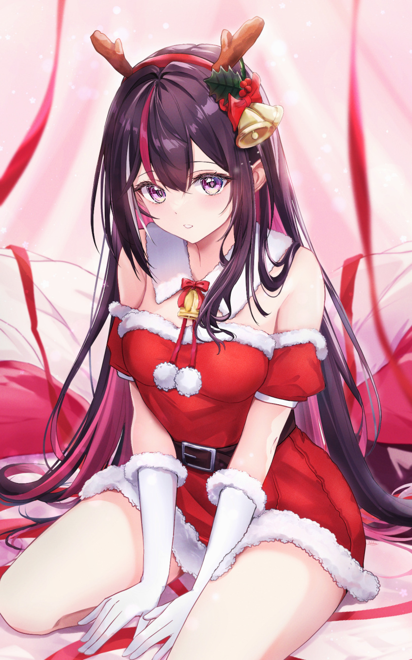 1girl antlers azki_(hololive) belt black_belt black_hair breasts colored_inner_hair commentary_request crossed_bangs dress elbow_gloves fake_antlers fur-trimmed_dress fur-trimmed_gloves fur_trim gloves hair_between_eyes hands_on_floor highres hololive light_blush long_hair looking_at_viewer medium_breasts multicolored_hair off-shoulder_dress off_shoulder parted_lips pink_hair pom_pom_(clothes) purple_eyes red_dress red_ribbon reindeer_antlers ribbon santa_costume seiza sitting smile solo streaked_hair teeth very_long_hair virtual_youtuber white_gloves white_hair yuki_haru