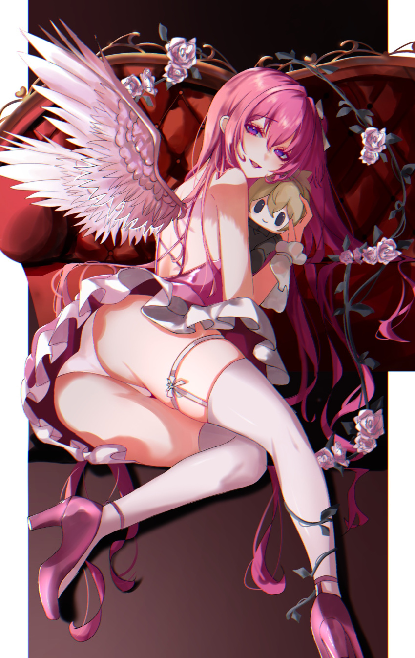 1girl angel_wings blush bow breasts character_doll choker corset criss-cross_halter dorothy_(nikke) dorothy_(nostalgia)_(nikke) dress feathered_wings feathers flower goddess_of_victory:_nikke hair_bow hair_bun hair_intakes halterneck hat_iue high_heels highres hugging_doll hugging_object large_breasts lipstick long_hair looking_at_viewer looking_back makeup nail_polish official_alternate_costume panties pantyshot parted_lips pink_choker pink_dress pink_hair pink_lips pink_nails pinne_(nikke) purple_eyes short_dress single_hair_bun single_side_bun skirt sleeveless sleeveless_dress smile solo table thigh_strap thighhighs thighs underwear white_bow white_panties white_thighhighs wings