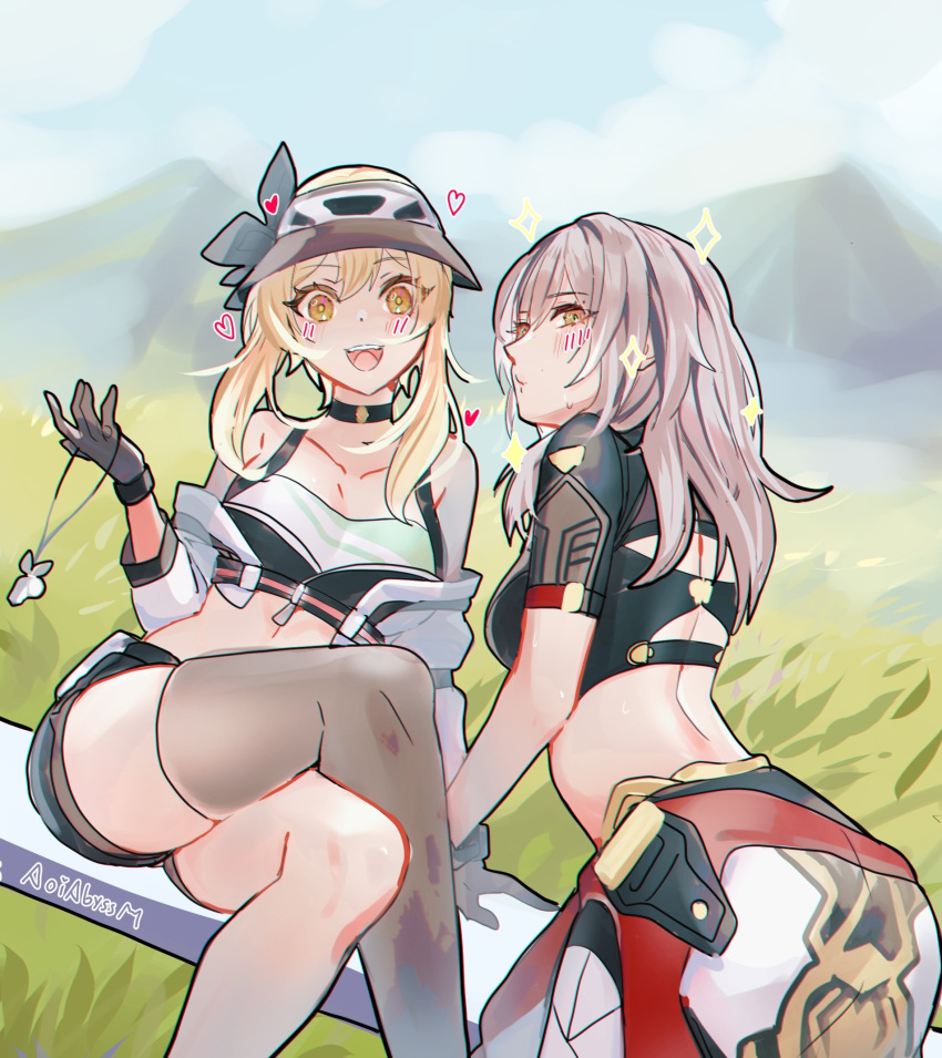 2girls :d aoiabyss ass bare_shoulders black_shirt blonde_hair blue_sky cloud commentary crop_top crossed_legs day feet_out_of_frame genshin_impact gloves grey_gloves grey_hair grey_thighhighs hand_up hat highres honkai:_star_rail honkai_(series) long_hair looking_at_viewer lumine_(genshin_impact) midriff mountain multiple_girls open_mouth outdoors shirt single_thighhigh sitting sky smile stelle_(honkai:_star_rail) thighhighs trailblazer_(honkai:_star_rail) yellow_eyes