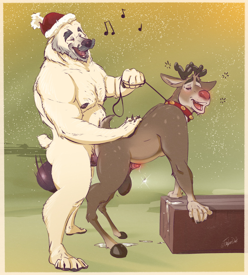 absurd_res anal antlers balls bear beard big_balls bodily_fluids christmas christmas_clothing christmas_headwear clothing collar cum deer drunk erection facial_hair genital_fluids genitals hat headgear headwear hi_res holidays horn leash mammal muscular mustache new_world_deer nipples orgasm penis petplay reindeer roleplay rudolph_the_red-nosed_reindeer santa_claus santa_hat short_penis size_difference small_penis substance_intoxication timberdonk