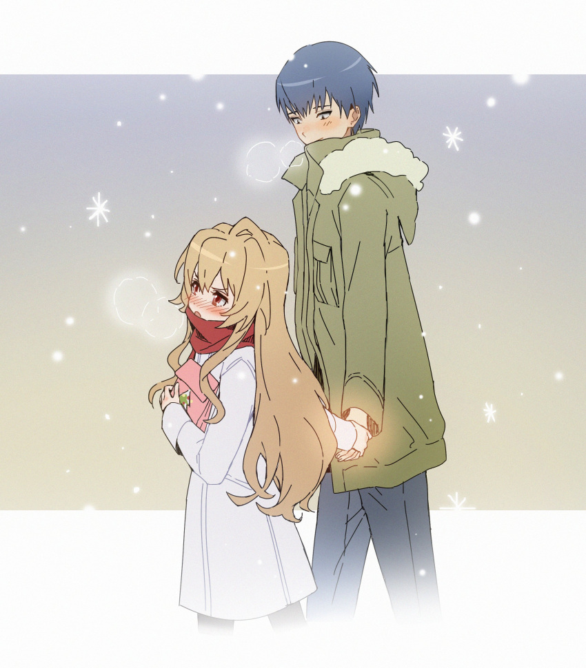 1boy 1girl absurdres aisaka_taiga blue_hair blush brown_eyes coat couple green_coat highres holding_hands light_brown_hair long_hair looking_at_another majiang open_mouth red_scarf scarf snowflakes snowing takasu_ryuuji toradora! white_coat winter_clothes