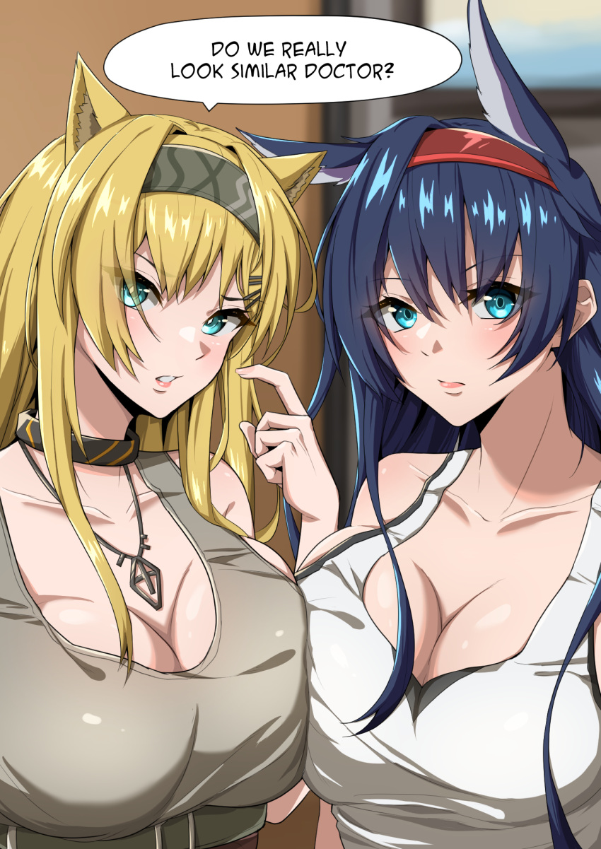 2girls animal_ears arknights bare_shoulders black_choker blaze_(arknights) blonde_hair blue_eyes blue_hair breasts choker cleavage collarbone commentary english_text grey_hairband grey_tank_top hairband highres horn_(arknights) indoors large_breasts long_hair looking_at_viewer multiple_girls red_hairband speech_bubble symmetricturd tank_top upper_body white_tank_top wolf_ears