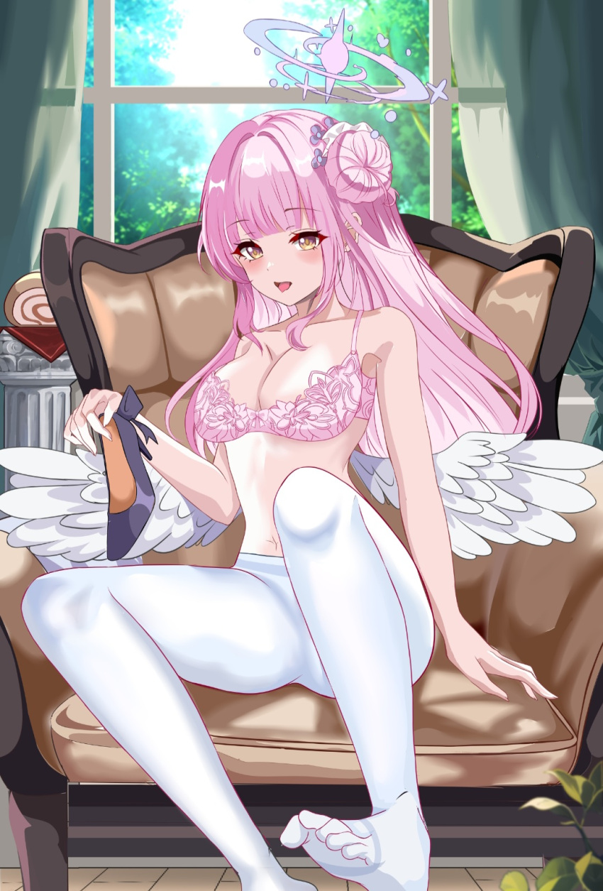 1girl angel_wings black_footwear blue_archive bow bra breasts curtains day feathered_wings footwear_bow hair_bun hair_ribbon halo highres holding holding_clothes holding_footwear large_breasts looking_at_viewer low_wings mika_(blue_archive) navel no_shoes open_mouth pantyhose pink_bra pink_hair pink_halo plant ribbon single_side_bun sitting smile solo stomach tongue underwear unworn_footwear vividrabbit white_pantyhose white_ribbon white_wings window wings yellow_eyes