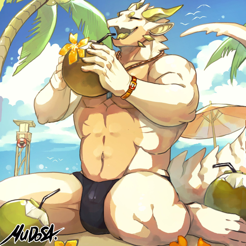 1boy animal_ears animal_feet artist_name bara beach beach_umbrella bird black_male_swimwear blue_background blue_sky bulge closed_eyes cloud cloudy_sky coconut_cup colored_tongue cup dragon_boy dragon_horns dragon_tail drinking_straw english_commentary flower full_body furry furry_male green_horns green_tongue hands_up highres holding holding_cup horns lifeguard_tower male_focus male_swimwear mudosa muscular muscular_male open_mouth orange_flower original outdoors palm_tree sand seagull sitting sky solo tail topless_male tree umbrella wariza