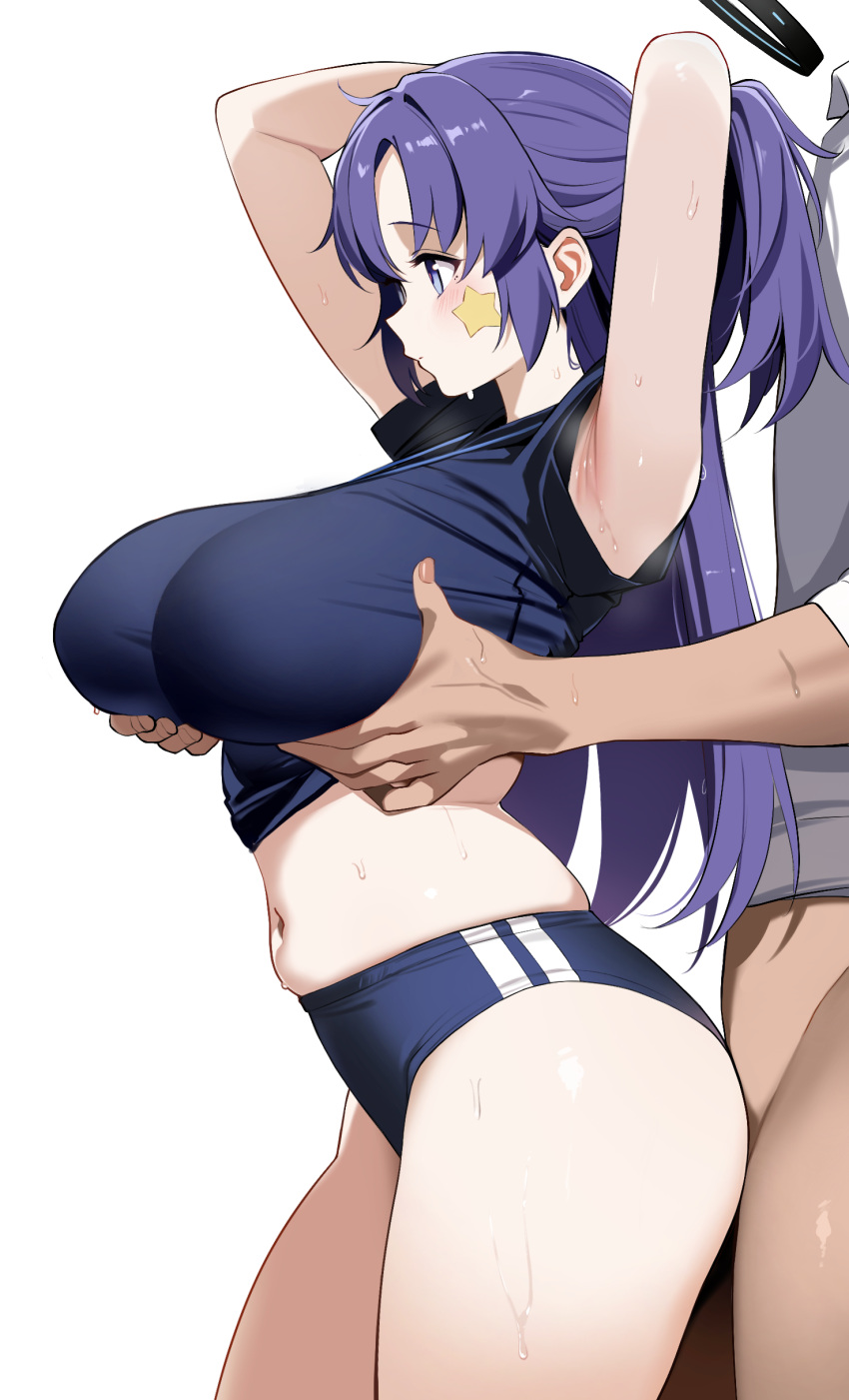 1girl absurdres alternate_breast_size ateoyh belly blue_archive blue_buruma bottomless breasts buruma grabbing grabbing_another's_breast grabbing_from_behind groping halo hetero highres implied_penetration long_hair mechanical_halo navel official_alternate_costume plump star_sticker sticker_on_face thighs yuuka_(blue_archive) yuuka_(track)_(blue_archive)