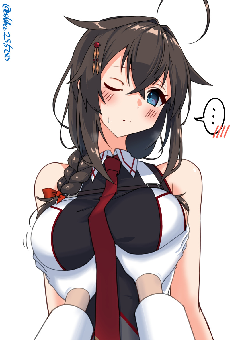 ... 1girl 1other ahoge black_hair black_shirt blue_eyes braid breasts commentary_request food gloves grabbing grabbing_another's_breast hair_flaps hair_over_shoulder highres kantai_collection large_breasts long_hair looking_at_viewer necktie one_eye_closed pov red_necktie shiba_(zudha) shigure_(kancolle) shigure_kai_san_(kancolle) shirt simple_background single_braid sleeveless sleeveless_shirt spoken_ellipsis twitter_username two-tone_shirt upper_body white_background white_gloves