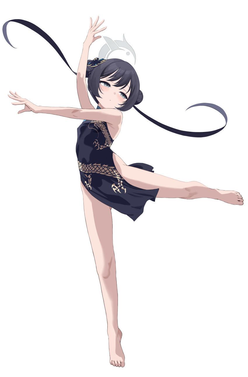 1girl absurdres bare_shoulders barefoot black_dress black_hair blue_archive blush braid braided_bun breasts butterfly_hair_ornament china_dress chinese_clothes double_bun dragon_print dress full_body grey_eyes hair_bun hair_ornament halo highres kisaki_(blue_archive) long_hair looking_to_the_side pelvic_curtain short_dress side_slit small_breasts twintails yamaneko_(tkdrumsco)