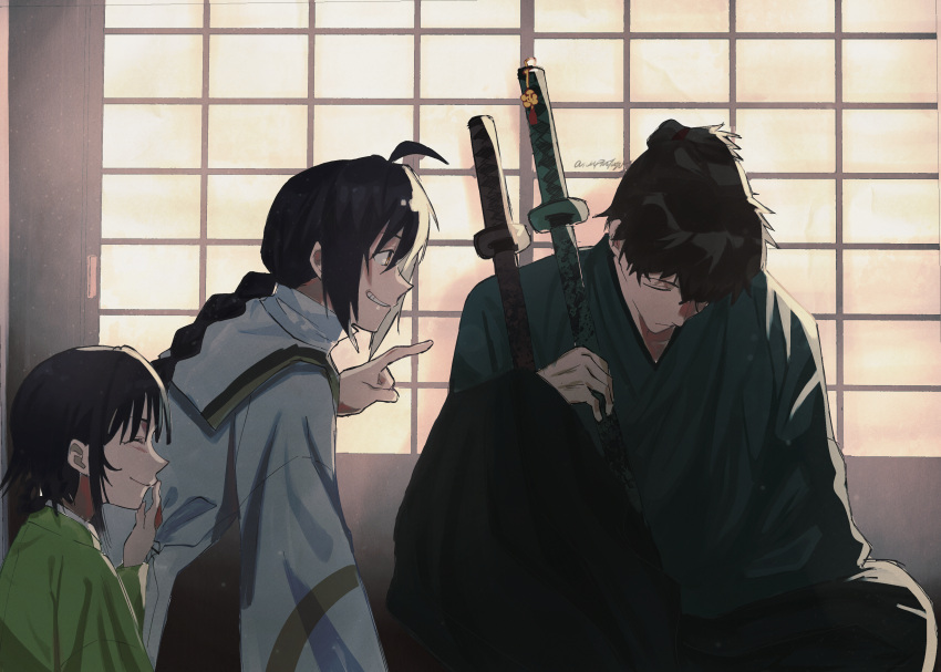 1boy 1girl 1other absurdres ahoge awapontasu black_hair braid brown_eyes closed_eyes commission fate/samurai_remnant fate_(series) green_kimono grin highres japanese_clothes katana kimono miyamoto_iori_(fate) ogasawara_kaya pixiv_commission signature sleeping smile sword weapon yamato_takeru_(fate)