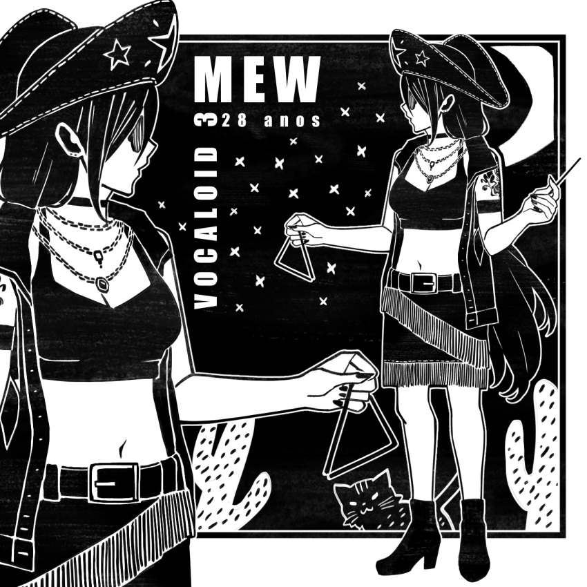 1girl alternate_costume alternate_hairstyle animal arm_tattoo armband belt black_background boots border breasts cactus cat character_name cleavage copyright_name crescent_moon ear_piercing english_commentary from_side highres hiomaika holding holding_instrument instrument jacket jewelry looking_to_the_side low_ponytail medium_breasts mew_(vocaloid) monochrome moon navel necklace piercing portuguese_text sidelocks skirt solo star_(sky) sunglasses tattoo triangle_(instrument) vocaloid white_border