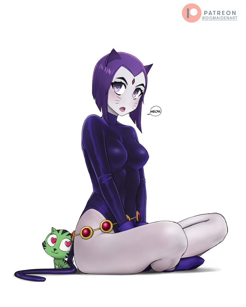 1girl absurdres animal_ears beast_boy_(dc) breasts cat cat_ears cat_girl cat_tail colored_skin dc_comics dismaiden facial_mark forehead_jewel grey_skin heart heart-shaped_pupils highleg highleg_leotard highres leotard medium_breasts on_ground purple_eyes purple_footwear purple_hair purple_leotard short_hair sitting speech_bubble symbol-shaped_pupils tail teen_titans whisker_markings