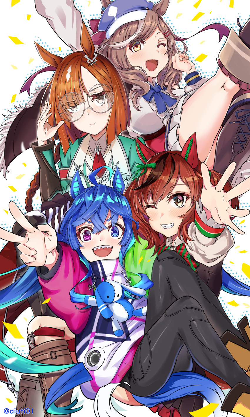 4girls :d ;d @_@ absurdres ahoge aiuti animal_ears aqua_hair arm_up black_leggings blue_bow blue_bowtie blue_eyes blue_hair blunt_ends blush bob_cut boots bow bowtie braid brown_footwear brown_hair cabbie_hat cape chain closed_mouth collared_shirt commentary confetti crossed_bangs drawstring dress ear_covers ear_ornament ears_through_headwear feet_out_of_frame floating frilled_shirt frills glasses green_bow green_jacket grey-framed_eyewear grey_eyes grin hair_bow hair_ornament hairclip hand_up hat heterochromia highres hood hoodie horse_ears horse_girl horse_tail ikuno_dictus_(umamusume) incredibly_absurdres jacket knee_boots knees_up lapels leg_up leggings light_brown_hair long_hair long_sleeves looking_at_viewer matikane_tannhauser_(umamusume) multicolored_clothes multicolored_hair multicolored_hoodie multiple_girls necktie nice_nature_(umamusume) notched_lapels one_eye_closed open_hand open_mouth orange_hair outline outstretched_arm pinafore_dress pleated_skirt polka_dot_outline purple_eyes red_bow red_necktie round_eyewear sharp_teeth shirt sidelocks single_braid skirt sleeveless sleeveless_dress smile streaked_hair striped_bow striped_bowtie striped_clothes stuffed_animal stuffed_rabbit stuffed_toy tail teeth thigh_strap twin_turbo_(umamusume) twintails twitter_username two-tone_hair umamusume upper_teeth_only v v-shaped_eyebrows very_long_hair white_background white_shirt yellow_eyes yellow_footwear