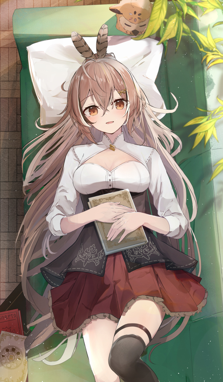 1girl ahoge book book_stack breasts brown_corset brown_eyes brown_hair brown_skirt cleavage_cutout clothing_cutout corset couch crossed_bangs double-parted_bangs feather_hair_ornament feathers from_above hair_between_eyes hair_ornament highres holding holding_book hololive hololive_english hootsie_(nanashi_mumei) indoors leaf light_particles long_hair looking_at_viewer lying medium_breasts nanashi_mumei nanashi_mumei_(1st_costume) on_back on_couch open_mouth pillow ponytail shirt shuuzo3 single_thighhigh skirt thighhighs very_long_hair virtual_youtuber white_shirt wooden_floor