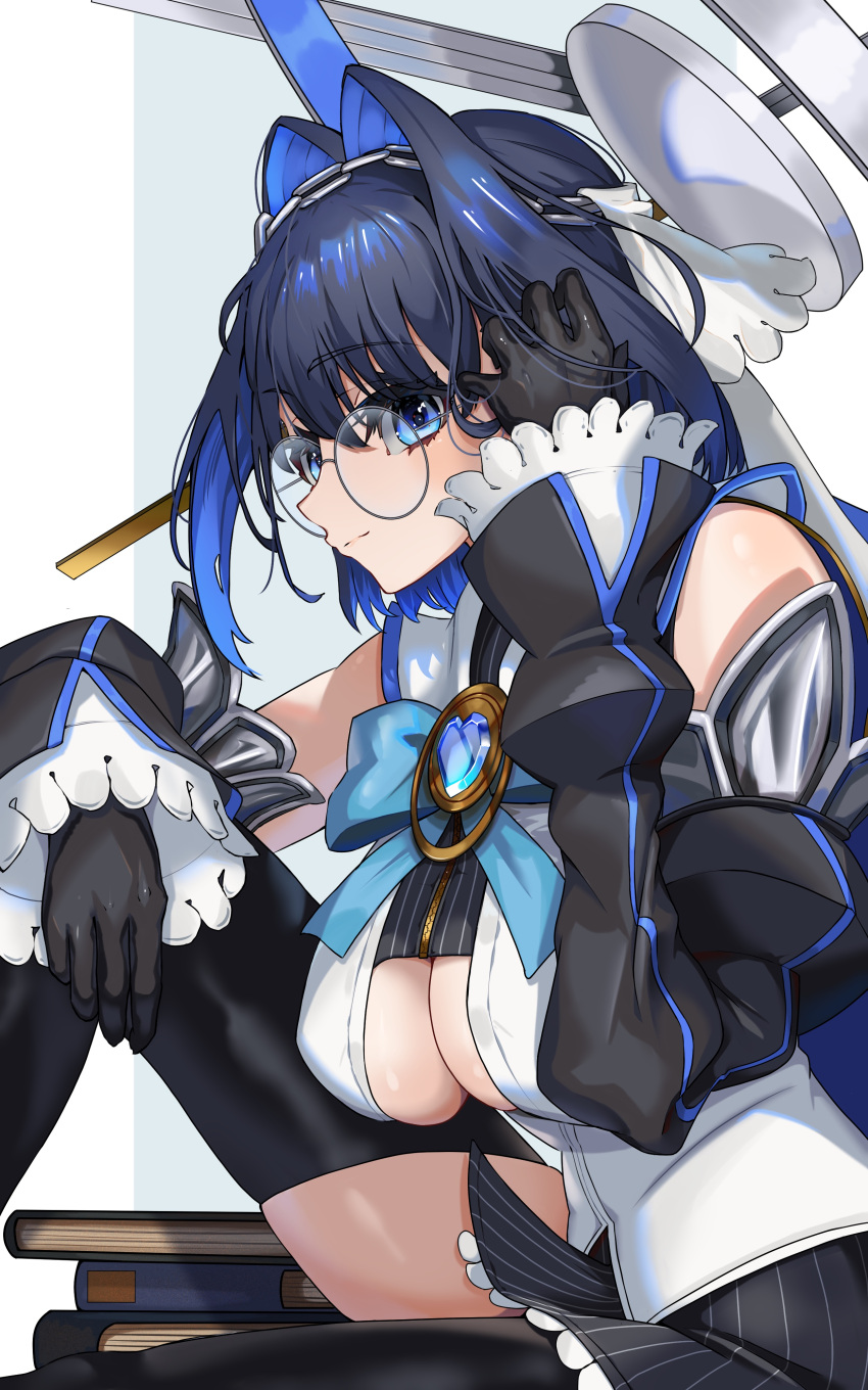 1girl absurdres black_gloves black_shirt black_skirt black_sleeves black_thighhighs blue_bow blue_bowtie blue_eyes blue_hair book book_stack bow bowtie breasts chain_headband closed_mouth clothing_cutout crop_top detached_sleeves frilled_skirt frilled_sleeves frills glasses gloves h4kuuua_0 hair_intakes halo heart-shaped_gem highres hololive hololive_english juliet_sleeves knee_up large_breasts light_smile long_sleeves mechanical_halo miniskirt ouro_kronii ouro_kronii_(1st_costume) pinstripe_pattern pinstripe_shirt pinstripe_skirt puffy_sleeves round_eyewear shirt short_hair sideways_mouth sitting skirt sleeveless sleeveless_shirt solo thighhighs underboob underboob_cutout virtual_youtuber white_shirt white_veil zipper
